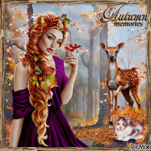 Autumn memories. Deer, cat, woman - GIF animé gratuit