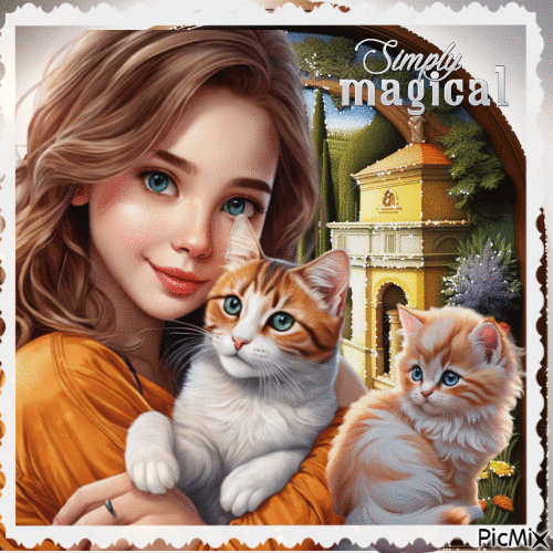 Kleines Mädchen mit zwei Katzen - 無料のアニメーション GIF