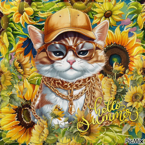 Katze in den Sonnenblumen - Animovaný GIF zadarmo