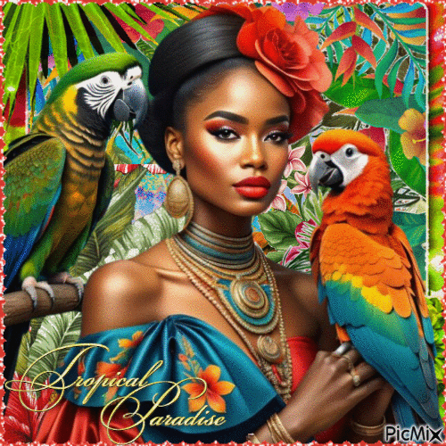 Tropical summer woman and a parrot - GIF animado gratis