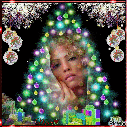 mujer   en el arbol de navidad - Δωρεάν κινούμενο GIF