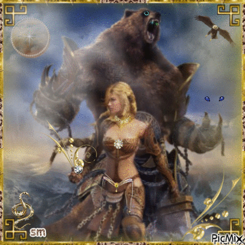 leyenda de mujer guerrera y oso - 免费动画 GIF