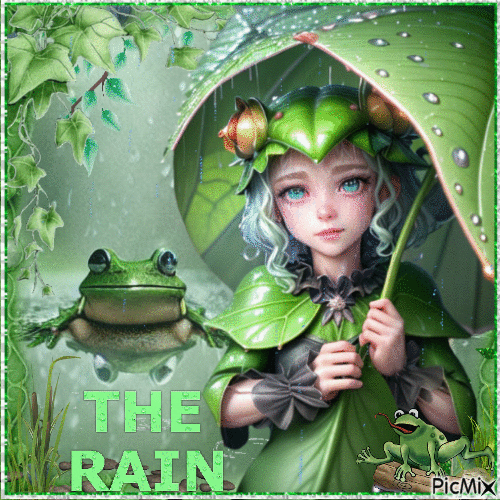 Girl and frog - Rainy day - GIF animasi gratis