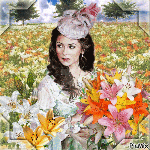 Vintage woman in lily field - Gratis animeret GIF