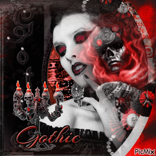 Portrait de femme gothique en rouge et noir - 無料のアニメーション GIF