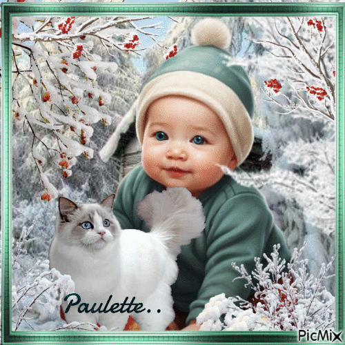 enfant et son chat en hiver - GIF animé gratuit