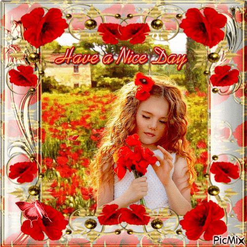 Have a Nice Day Little Girl and Poppies - GIF animasi gratis