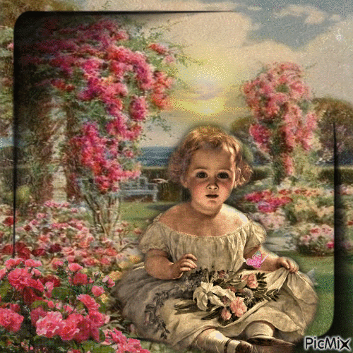 Kleines Vintage-Mädchen in einem Rosengarten - Бесплатный анимированный гифка