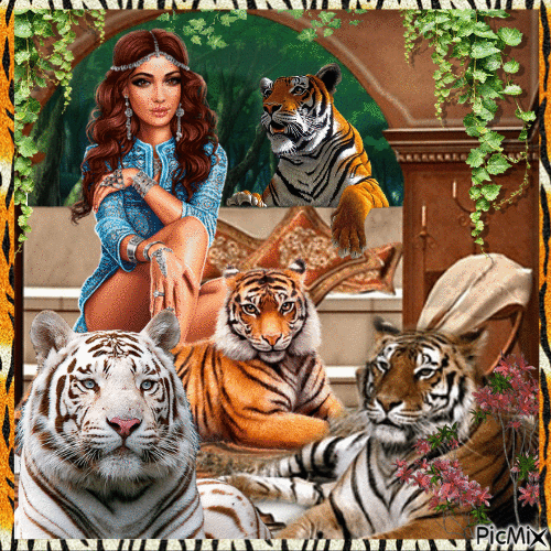 The Woman and her Tigers - Bezmaksas animēts GIF