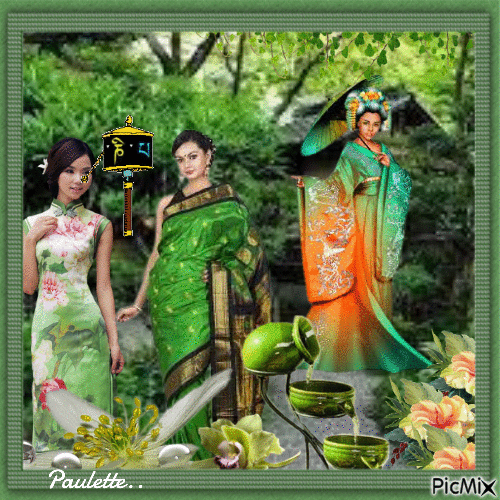 geishas sur fond vert - Gratis animerad GIF