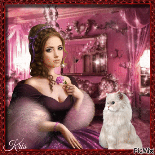 Fille, chat blanc et rose - Free animated GIF