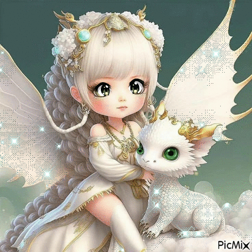 bonjour elfe blanc et son petit dragon - Free animated GIF