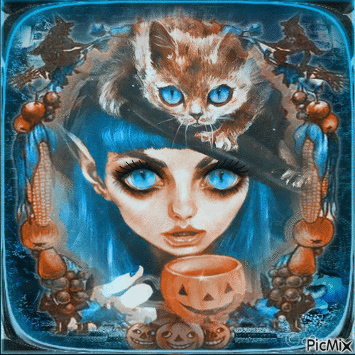 blue look witch cat halloween - GIF animado gratis