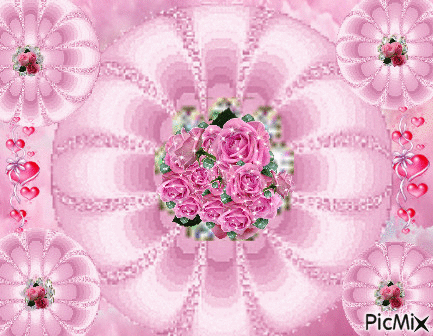 A LARGE PINK CIRCLE AND FOUR SMALL CIRCLE THAT SEEM TO PUSH IN AND OUT, IN THE CENTERS ARE DIAMONDS, WITH PINK  ROSES IN THE DIAMOND, AND PINK STARS ON EACH SIDE. - Free animated GIF