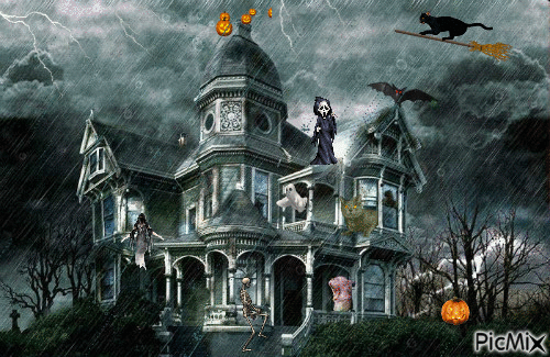 Welcome to the Meow-o-leen haunted house - GIF animé gratuit