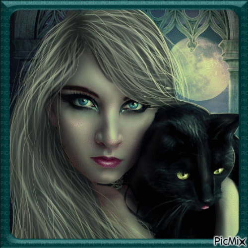 Femme et chat noir. - Безплатен анимиран GIF