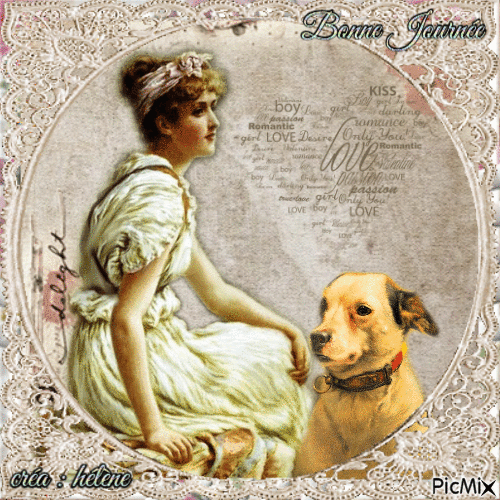 Amandine et son gentil chien ... vintage ton beige - Δωρεάν κινούμενο GIF