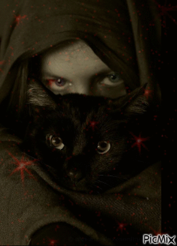 visage de femme et chat noir - GIF เคลื่อนไหวฟรี