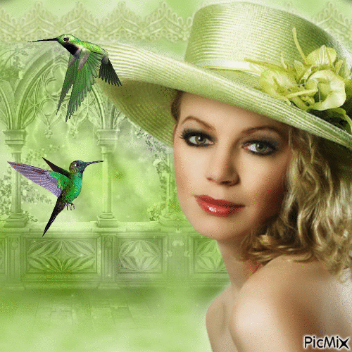 Femme aux yeux verts et colibri - GIF animé gratuit