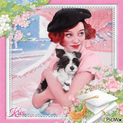 Femme vintage avec son chien - GIF animé gratuit
