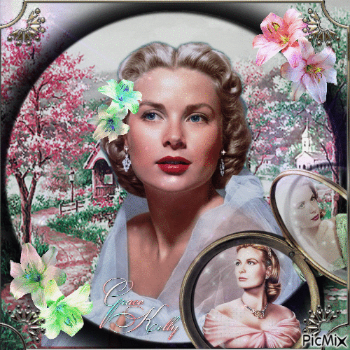 Grace Kelly en el jardín - Tonos rosa y verde azulado - GIF animé gratuit