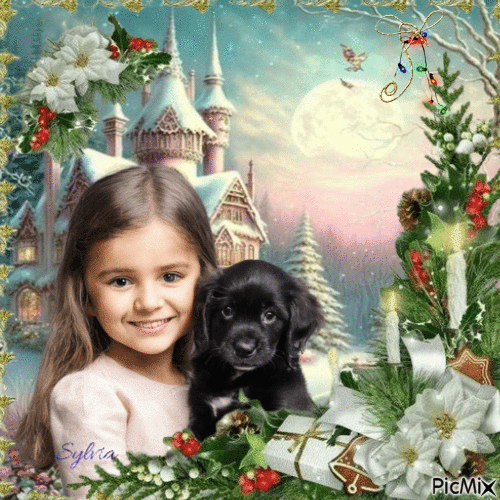 Kleines Mädchen und Hund-Pastelltöne - GIF animasi gratis