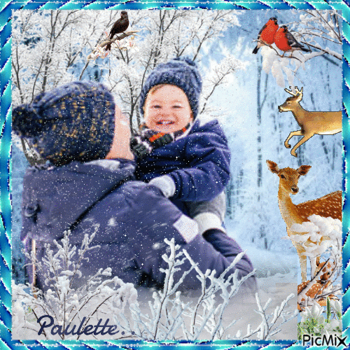 maman et enfant sous la neige - 免费动画 GIF