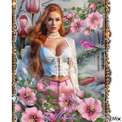 Jeune  femme  parmi les fleurs roses - GIF animé gratuit