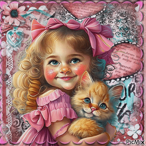 Petite Fille et son Chat - Free animated GIF