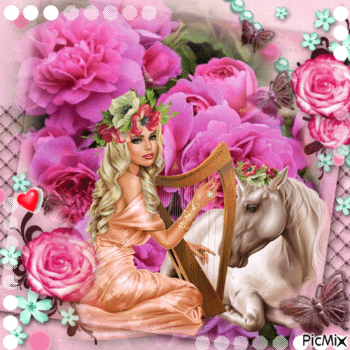 La petite licorne avec des roses - Besplatni animirani GIF