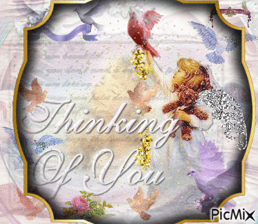 THINKING OF YOU, A LITTLE ANGEL GIRL IS SENDING THAT MESSAGE AND PLAYING WITH BLUE AND RED AND PURPLE DOVES. HAS A FRANE COVERING PART OF THE PICTURE, AND A FEW SPARKLES. - GIF animate gratis