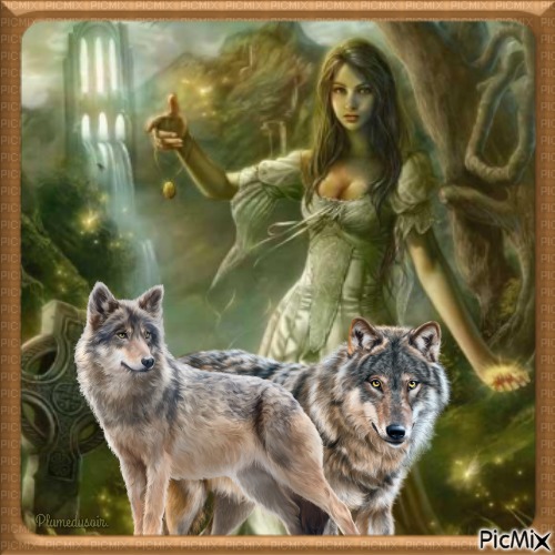 Fantasy woman with a wolf. - gratis png