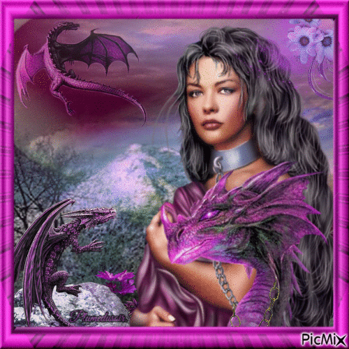 Femme et dragon en violet. - Бесплатни анимирани ГИФ