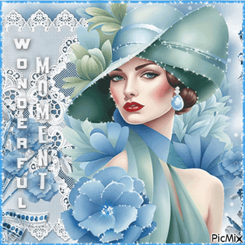 Woman blue flowers art  deco hat - Free animated GIF