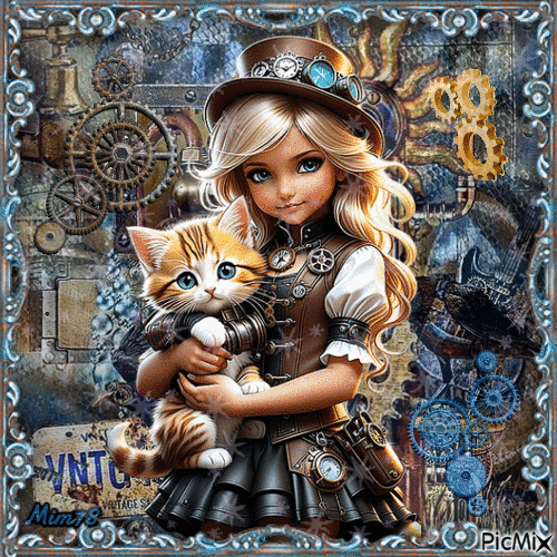Fillette avec un chat dans les bras - Steampunk - Δωρεάν κινούμενο GIF