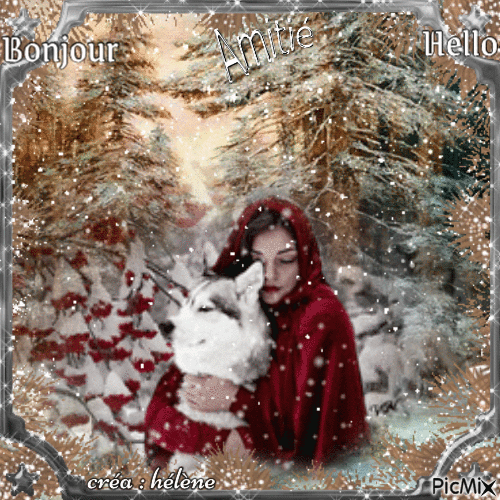 femme et loup _ hiver - Free animated GIF