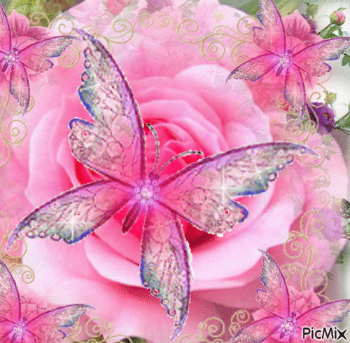PINK LARGE ROSE IN FRONT OF SNALL PINK ROSES4 SMALL AND ONE LARGE PINK AND PURPLE BUTTERFLY, SPARKLES IN THE CENTERS AND ON THE WINGS OF THE BUTTERFLIES. - Kostenlose animierte GIFs