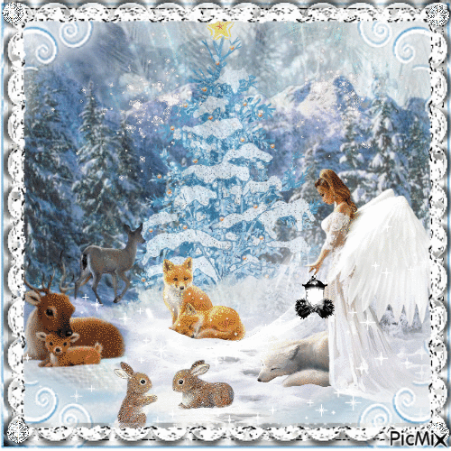 Angel winter with animals - Bezmaksas animēts GIF