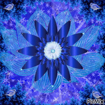 LOTS OF BLUE STARS FOUR BLUE BIRDS, A BIG BLUE FLOWER WITH WHITE IN CENTER AND BLUE SPARKLE IN THE CENTER. - Gratis animerad GIF