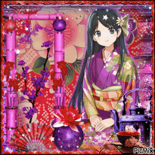 Anime girl in a kimono - GIF animé gratuit