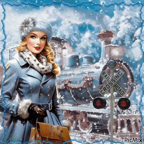 Femme vintage élégante en hiver qui attend son train - GIF animado grátis