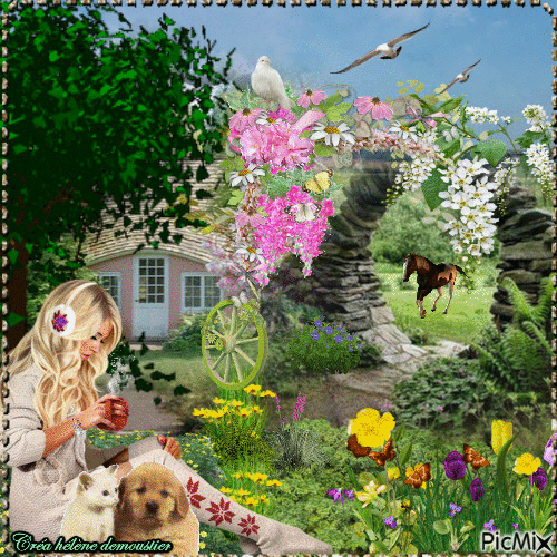 HD paysage avec femme chat et chien - Free animated GIF