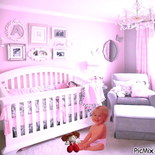 Baby in pink nursery with doll - gratis png
