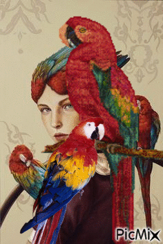 Femme et perroquets - GIF animé gratuit