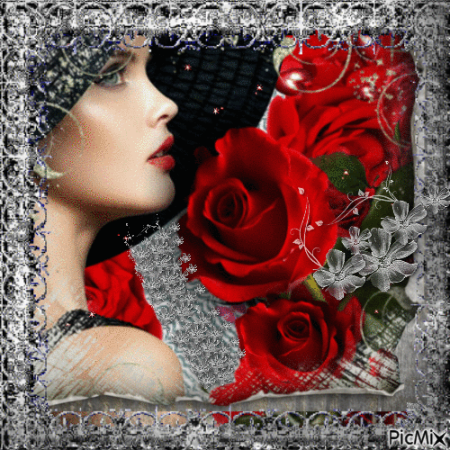Femme et roses rouges - Nemokamas animacinis gif