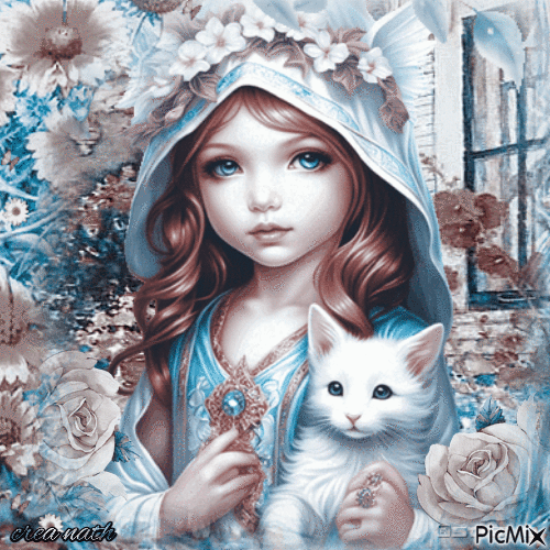 Fillette avec un chaton blanc / concours - Безплатен анимиран GIF