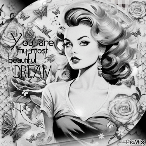 Woman black white flowers butterfly - Gratis animeret GIF