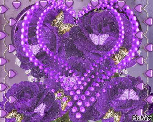 PURPLE ROSES, FLYING PURPLE BUTTERFLIES, AND BIG PURPLE HEARTS AND SOME SMALL ONES, TOO. - Free animated GIF