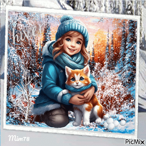 Fillette et son chaton en hiver - GIF animé gratuit