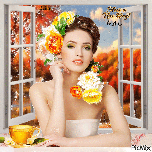 Autumn. Have a nice day. Woman infront of a window - Gratis geanimeerde GIF